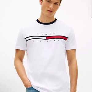 Tommy Hilfiger White Short Sleeve Logo Tee with Navy & Red Stripe